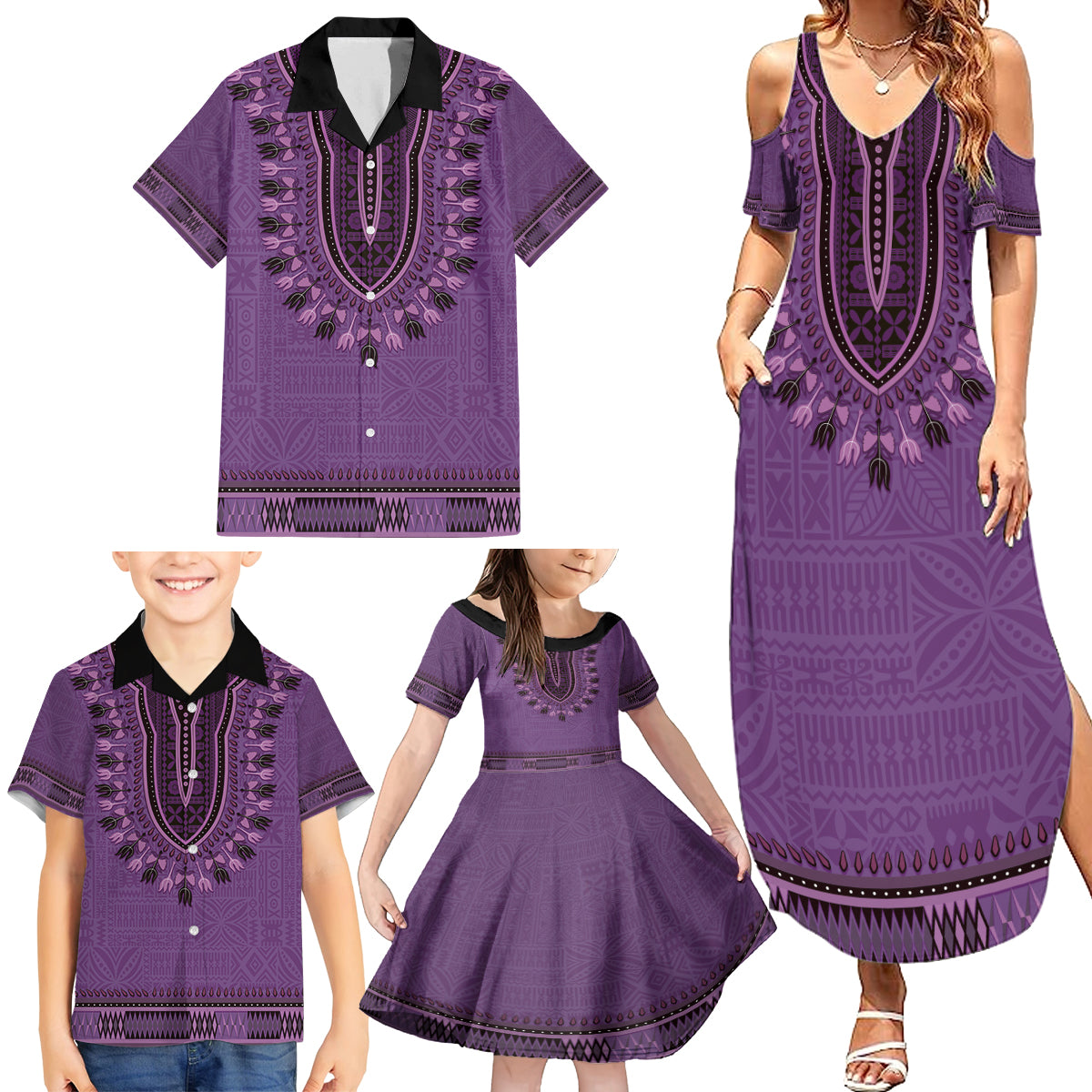 Purple African Dashiki With Fijian Tapa Pattern Family Matching Summer Maxi Dress and Hawaiian Shirt LT14 - Polynesian Pride