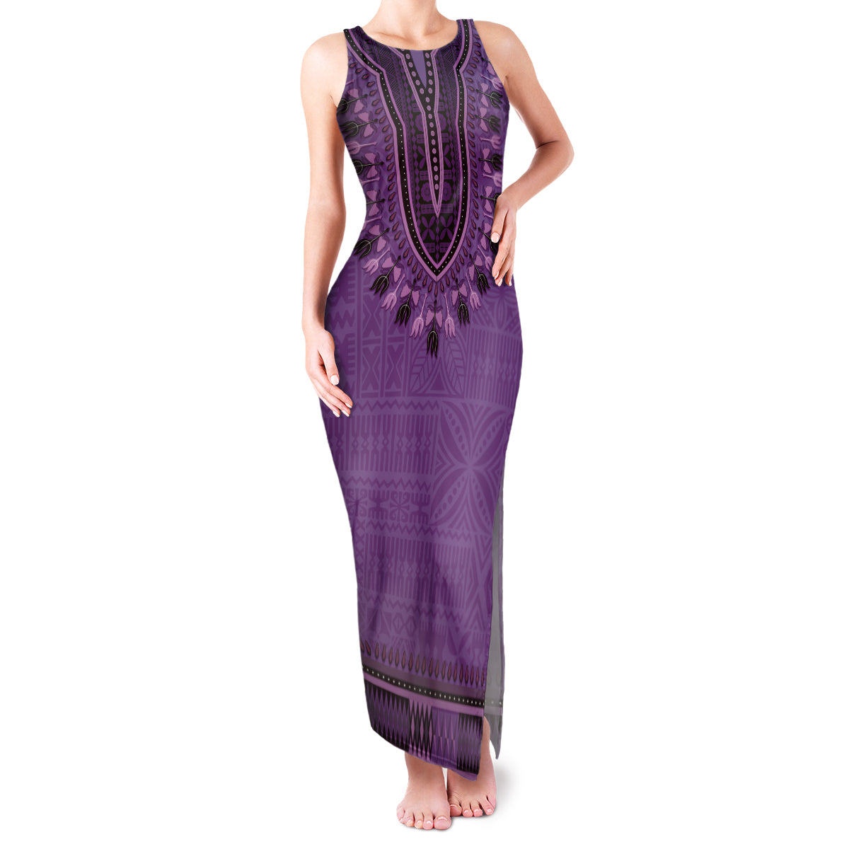 Purple African Dashiki With Fijian Tapa Pattern Family Matching Tank Maxi Dress and Hawaiian Shirt LT14 Mom's Dress Purple - Polynesian Pride
