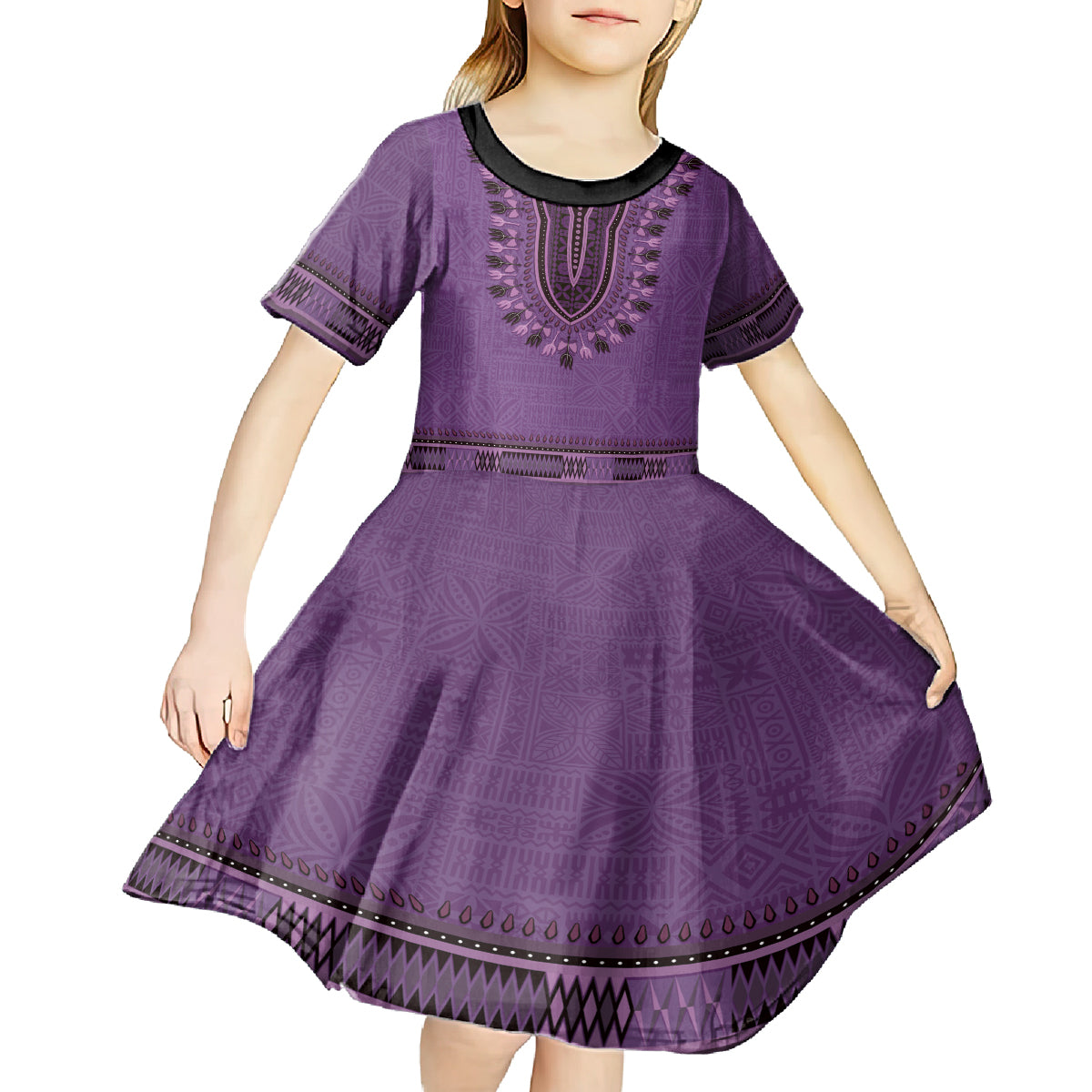 Purple African Dashiki With Fijian Tapa Pattern Kid Short Sleeve Dress LT14 - Polynesian Pride