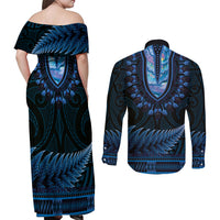 Blue African Dashiki With Aotearoa Maori Couples Matching Off Shoulder Maxi Dress and Long Sleeve Button Shirt Paua Shell Mix Silver Fern