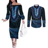 Blue African Dashiki With Aotearoa Maori Couples Matching Off The Shoulder Long Sleeve Dress and Long Sleeve Button Shirt Paua Shell Mix Silver Fern LT14 Blue - Polynesian Pride