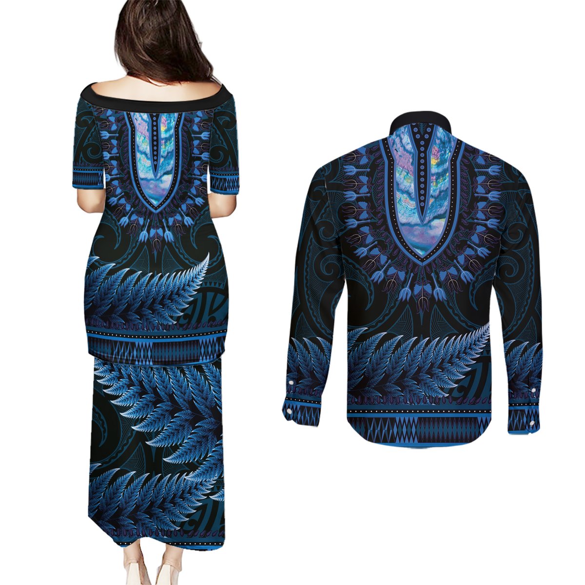 Blue African Dashiki With Aotearoa Maori Couples Matching Puletasi and Long Sleeve Button Shirt Paua Shell Mix Silver Fern