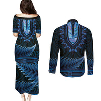 Blue African Dashiki With Aotearoa Maori Couples Matching Puletasi and Long Sleeve Button Shirt Paua Shell Mix Silver Fern
