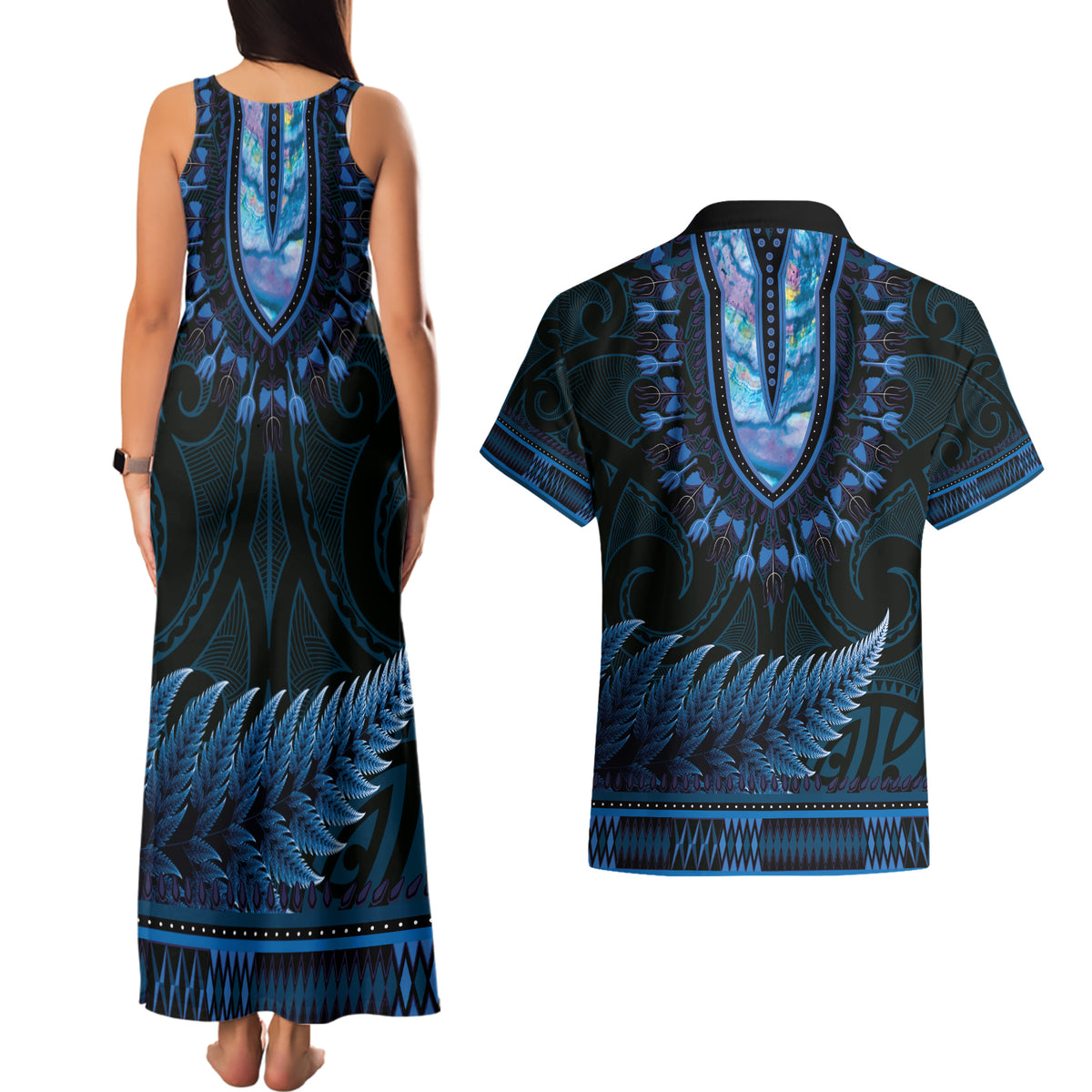 Blue African Dashiki With Aotearoa Maori Couples Matching Tank Maxi Dress and Hawaiian Shirt Paua Shell Mix Silver Fern
