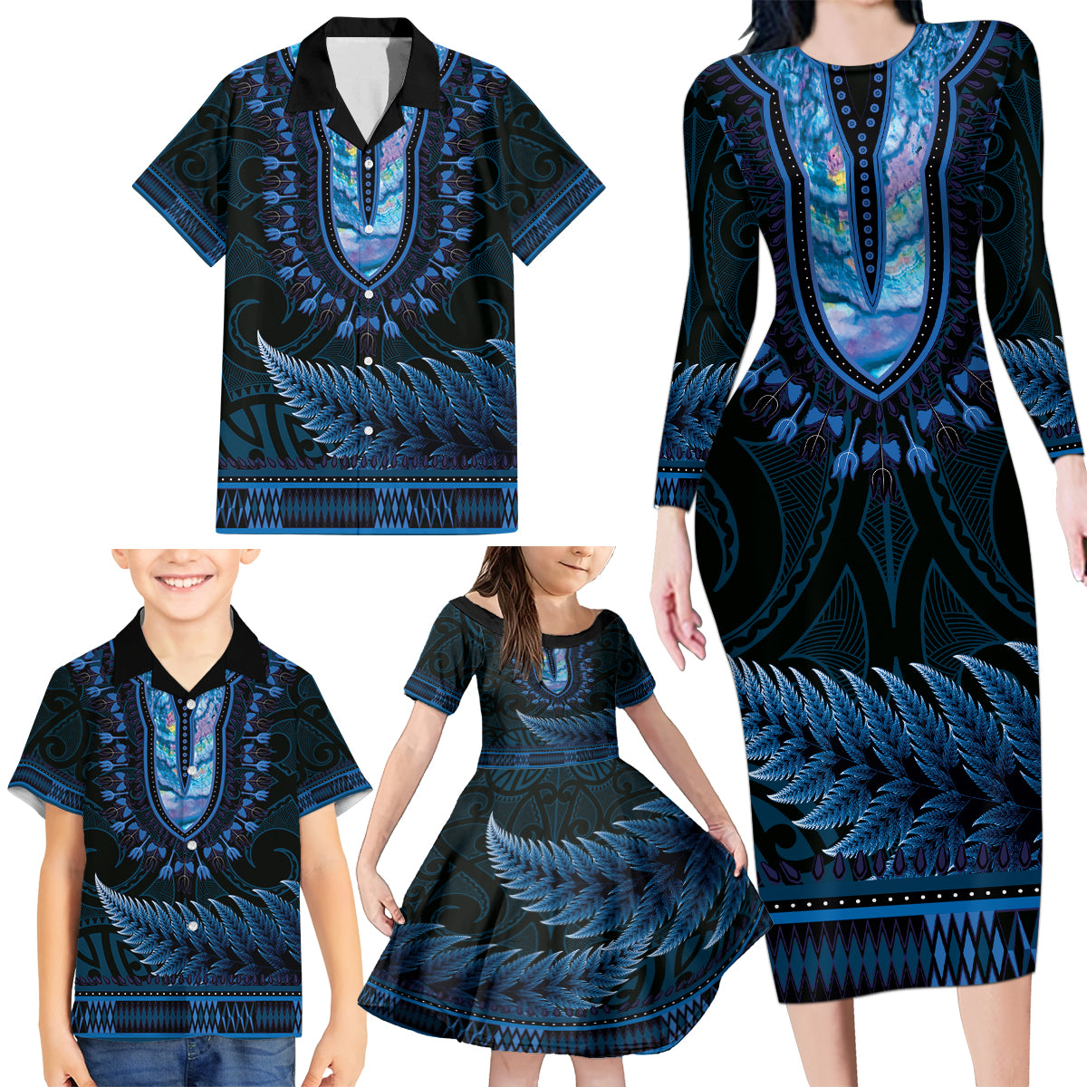 Blue African Dashiki With Aotearoa Maori Family Matching Long Sleeve Bodycon Dress and Hawaiian Shirt Paua Shell Mix Silver Fern LT14 - Polynesian Pride