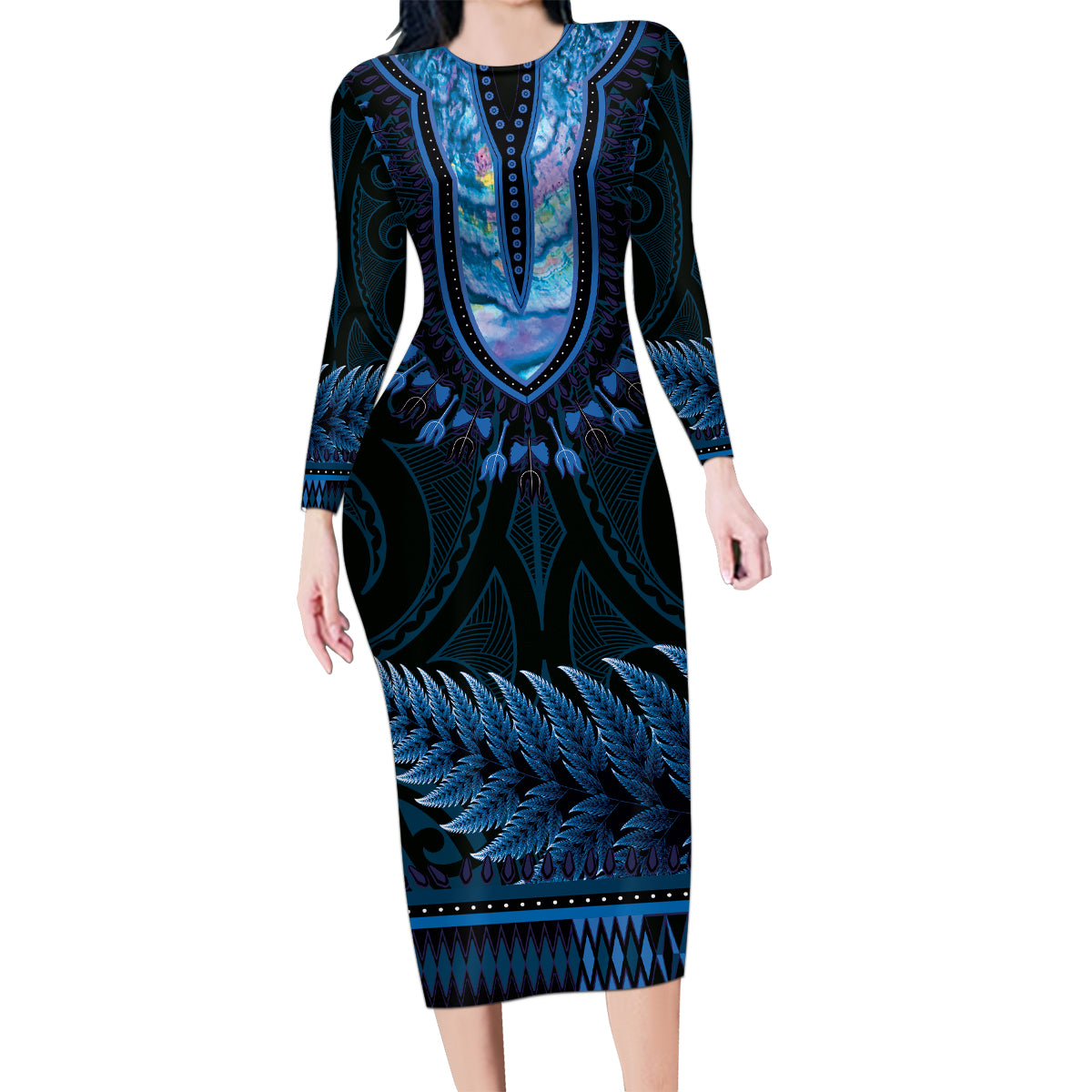 Blue African Dashiki With Aotearoa Maori Family Matching Long Sleeve Bodycon Dress and Hawaiian Shirt Paua Shell Mix Silver Fern LT14 Mom's Dress Blue - Polynesian Pride