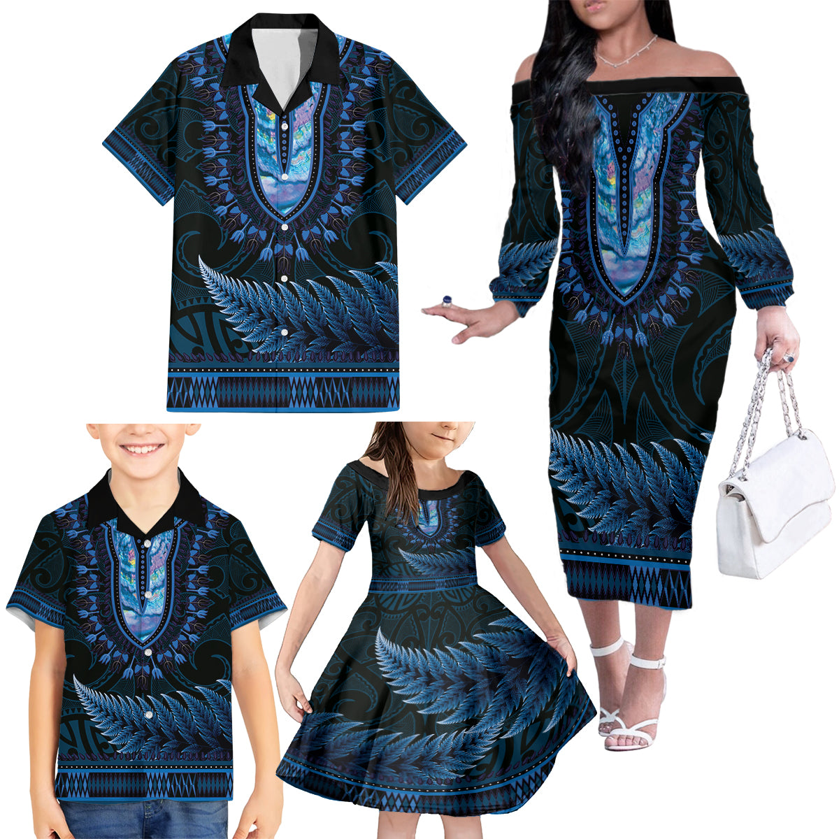 Blue African Dashiki With Aotearoa Maori Family Matching Off The Shoulder Long Sleeve Dress and Hawaiian Shirt Paua Shell Mix Silver Fern LT14 - Polynesian Pride