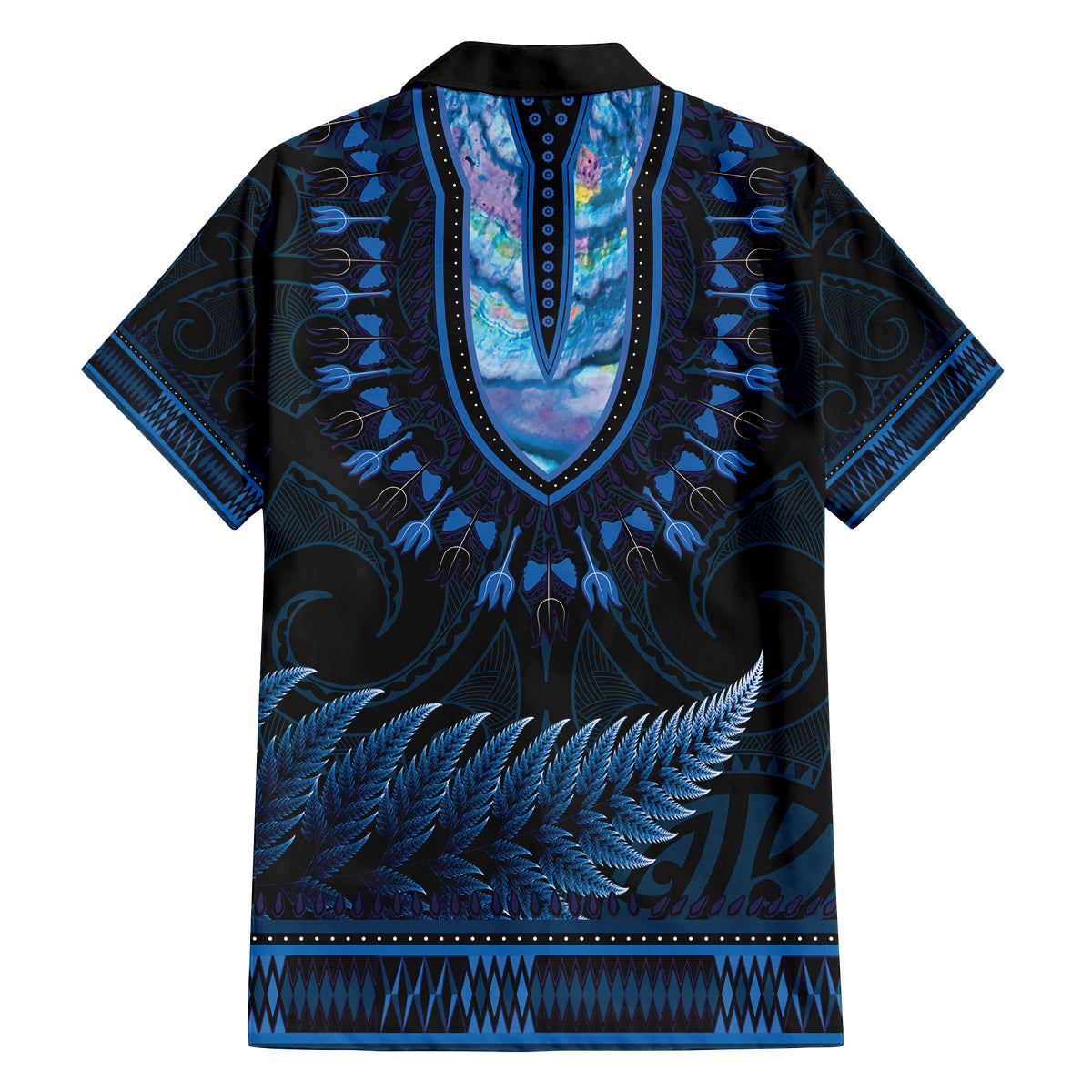 Blue African Dashiki With Aotearoa Maori Family Matching Off The Shoulder Long Sleeve Dress and Hawaiian Shirt Paua Shell Mix Silver Fern LT14 - Polynesian Pride