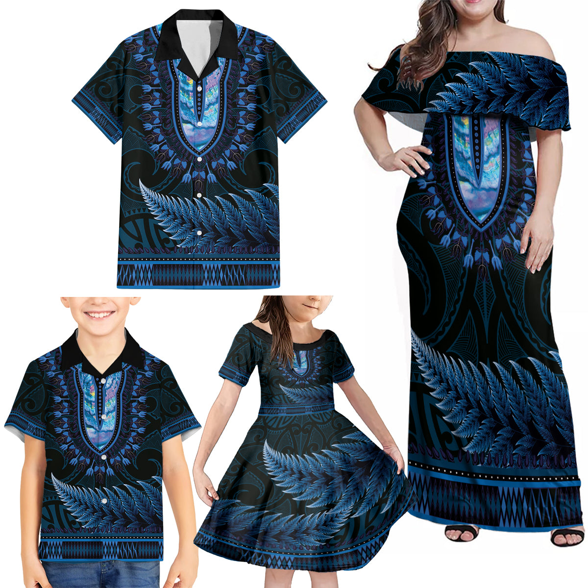 Blue African Dashiki With Aotearoa Maori Family Matching Off Shoulder Maxi Dress and Hawaiian Shirt Paua Shell Mix Silver Fern LT14 - Polynesian Pride