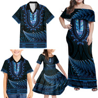 Blue African Dashiki With Aotearoa Maori Family Matching Off Shoulder Maxi Dress and Hawaiian Shirt Paua Shell Mix Silver Fern LT14 - Polynesian Pride