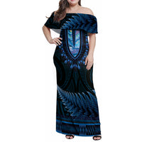 Blue African Dashiki With Aotearoa Maori Family Matching Off Shoulder Maxi Dress and Hawaiian Shirt Paua Shell Mix Silver Fern LT14 Mom's Dress Blue - Polynesian Pride