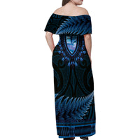 Blue African Dashiki With Aotearoa Maori Family Matching Off Shoulder Maxi Dress and Hawaiian Shirt Paua Shell Mix Silver Fern LT14 - Polynesian Pride