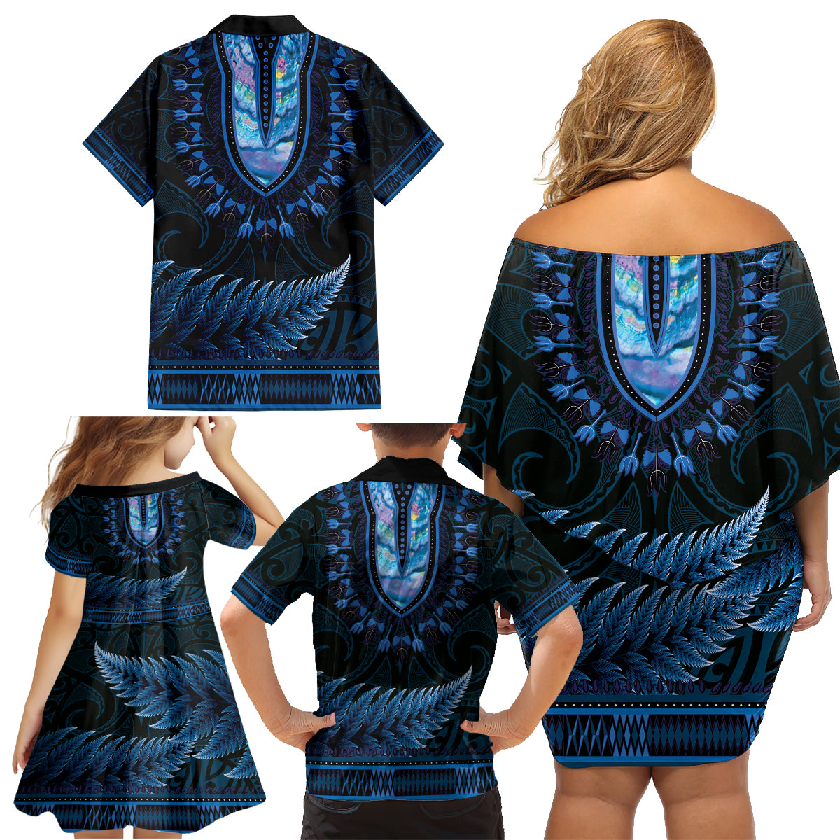 Blue African Dashiki With Aotearoa Maori Family Matching Off Shoulder Short Dress and Hawaiian Shirt Paua Shell Mix Silver Fern LT14 - Polynesian Pride