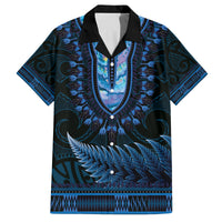 Blue African Dashiki With Aotearoa Maori Family Matching Off Shoulder Short Dress and Hawaiian Shirt Paua Shell Mix Silver Fern LT14 Dad's Shirt - Short Sleeve Blue - Polynesian Pride