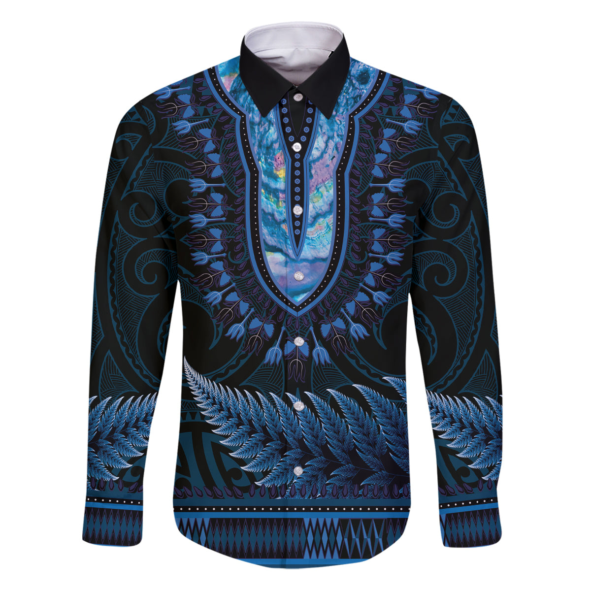 Blue African Dashiki With Aotearoa Maori Family Matching Puletasi and Hawaiian Shirt Paua Shell Mix Silver Fern