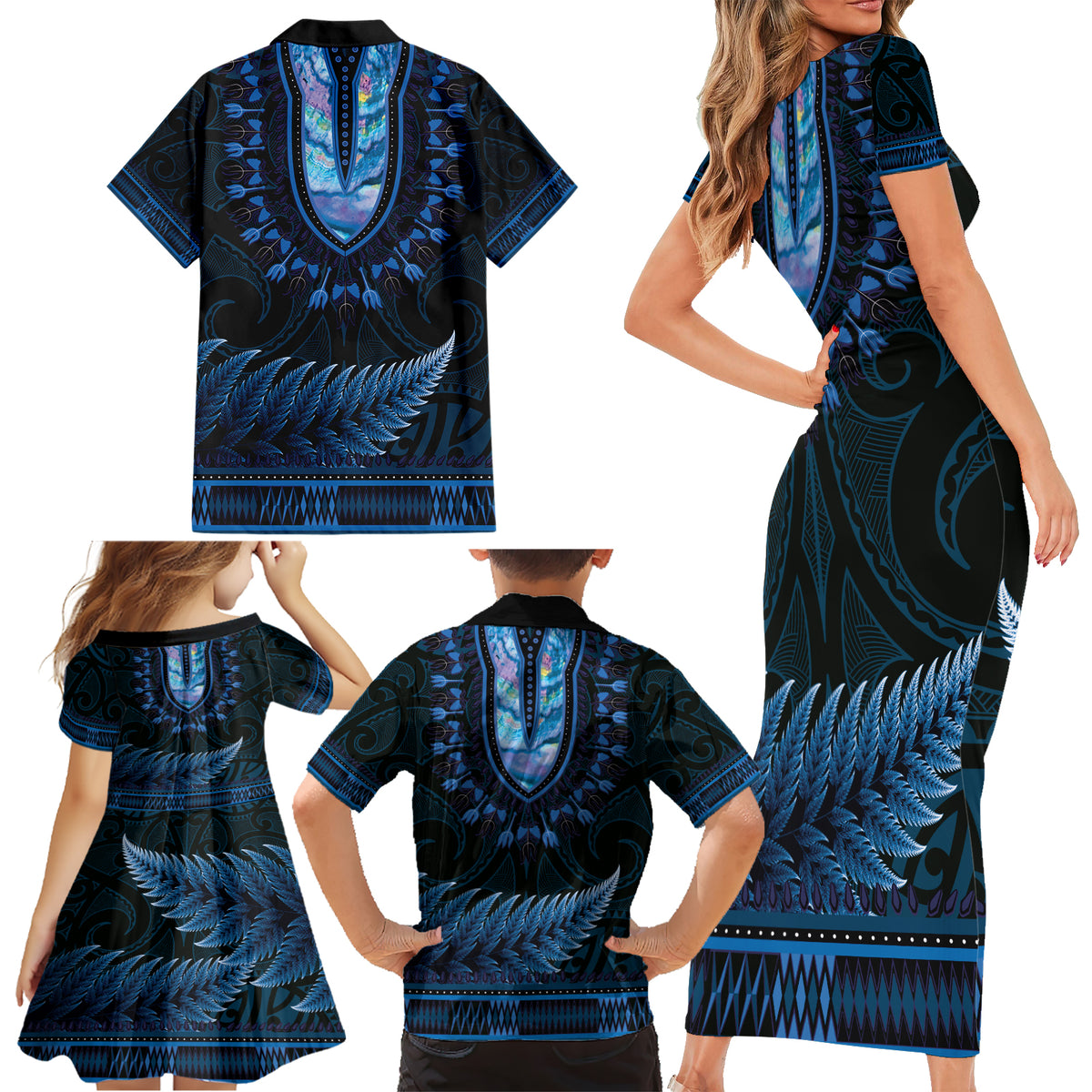 Blue African Dashiki With Aotearoa Maori Family Matching Short Sleeve Bodycon Dress and Hawaiian Shirt Paua Shell Mix Silver Fern LT14 - Polynesian Pride