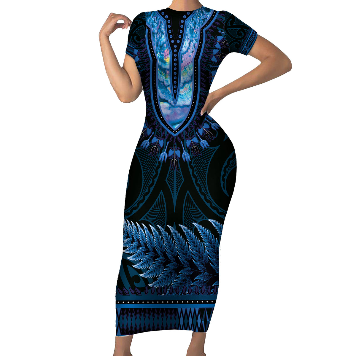 Blue African Dashiki With Aotearoa Maori Family Matching Short Sleeve Bodycon Dress and Hawaiian Shirt Paua Shell Mix Silver Fern LT14 Mom's Dress Blue - Polynesian Pride