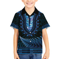 Blue African Dashiki With Aotearoa Maori Family Matching Short Sleeve Bodycon Dress and Hawaiian Shirt Paua Shell Mix Silver Fern LT14 Son's Shirt Blue - Polynesian Pride