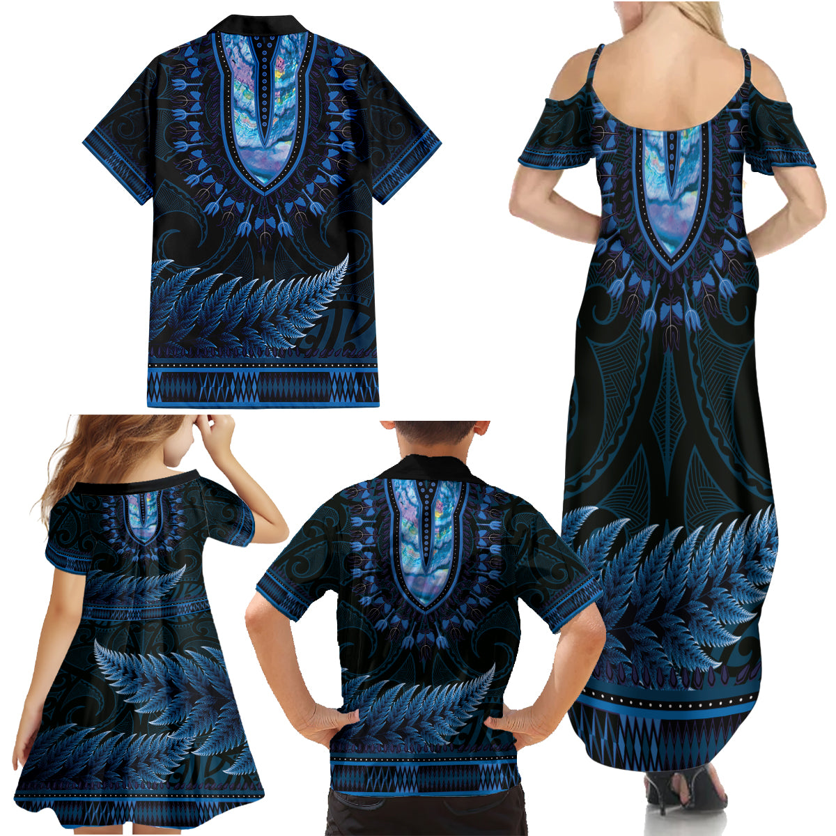Blue African Dashiki With Aotearoa Maori Family Matching Summer Maxi Dress and Hawaiian Shirt Paua Shell Mix Silver Fern LT14 - Polynesian Pride