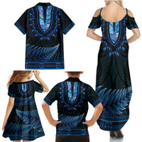Blue African Dashiki With Aotearoa Maori Family Matching Summer Maxi Dress and Hawaiian Shirt Paua Shell Mix Silver Fern LT14 - Polynesian Pride