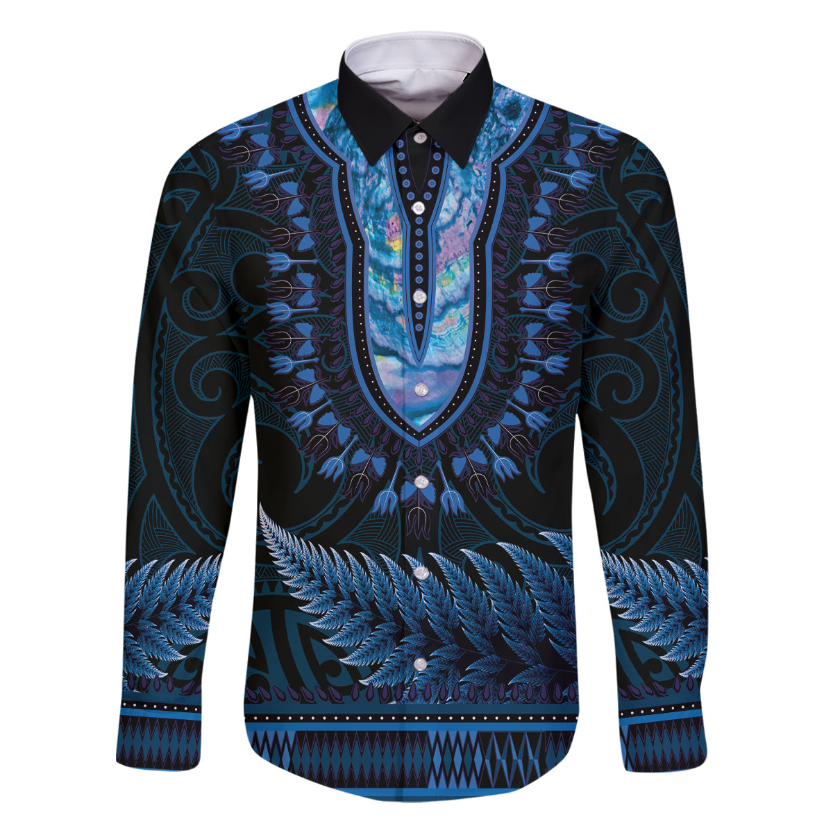 Blue African Dashiki With Aotearoa Maori Family Matching Summer Maxi Dress and Hawaiian Shirt Paua Shell Mix Silver Fern LT14 Dad's Shirt - Long Sleeve Blue - Polynesian Pride