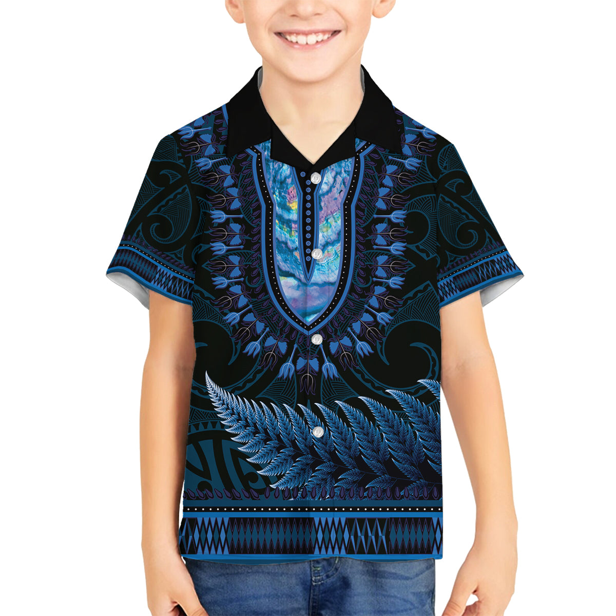 Blue African Dashiki With Aotearoa Maori Family Matching Summer Maxi Dress and Hawaiian Shirt Paua Shell Mix Silver Fern LT14 Son's Shirt Blue - Polynesian Pride