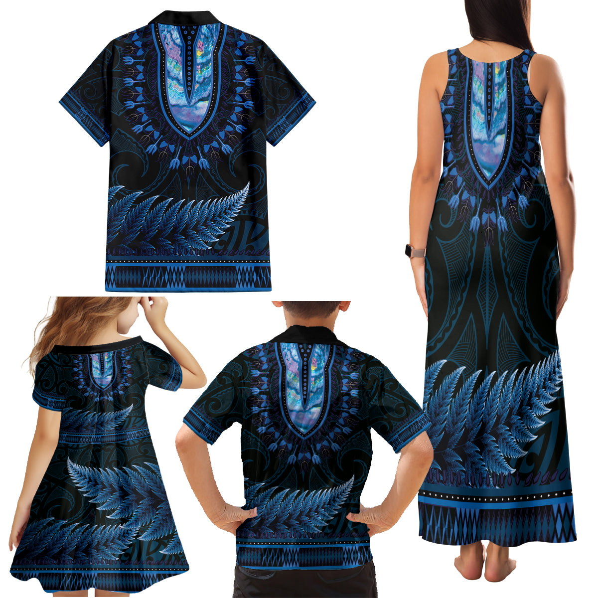 Blue African Dashiki With Aotearoa Maori Family Matching Tank Maxi Dress and Hawaiian Shirt Paua Shell Mix Silver Fern LT14 - Polynesian Pride