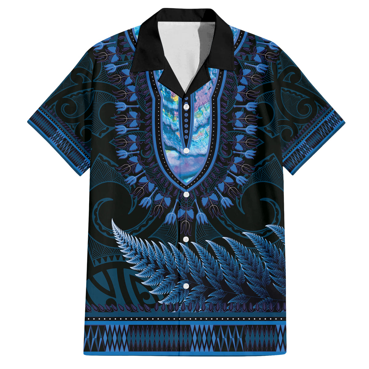Blue African Dashiki With Aotearoa Maori Family Matching Tank Maxi Dress and Hawaiian Shirt Paua Shell Mix Silver Fern LT14 Dad's Shirt - Short Sleeve Blue - Polynesian Pride