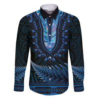 Blue African Dashiki With Aotearoa Maori Family Matching Tank Maxi Dress and Hawaiian Shirt Paua Shell Mix Silver Fern LT14 Dad's Shirt - Long Sleeve Blue - Polynesian Pride