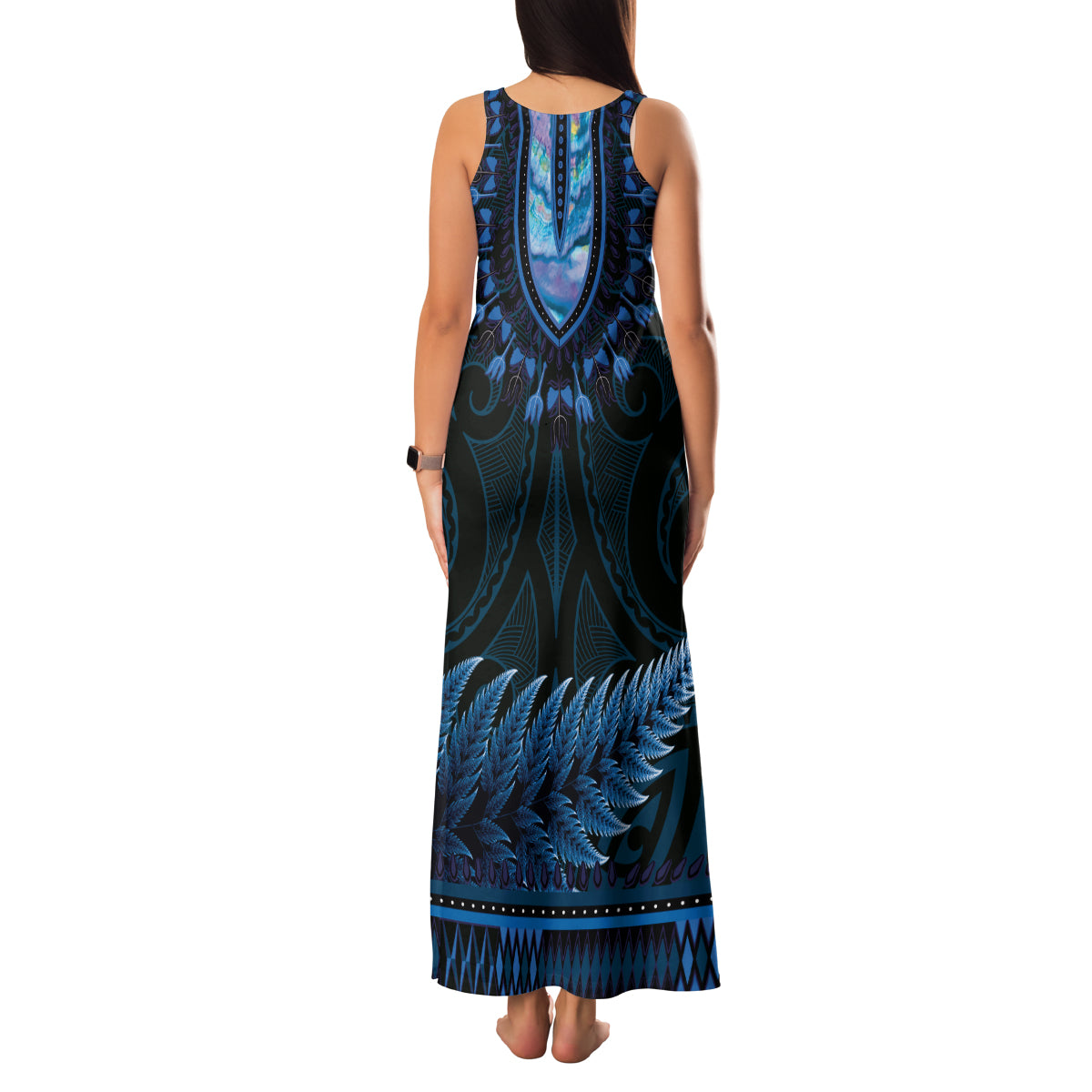Blue African Dashiki With Aotearoa Maori Family Matching Tank Maxi Dress and Hawaiian Shirt Paua Shell Mix Silver Fern LT14 - Polynesian Pride