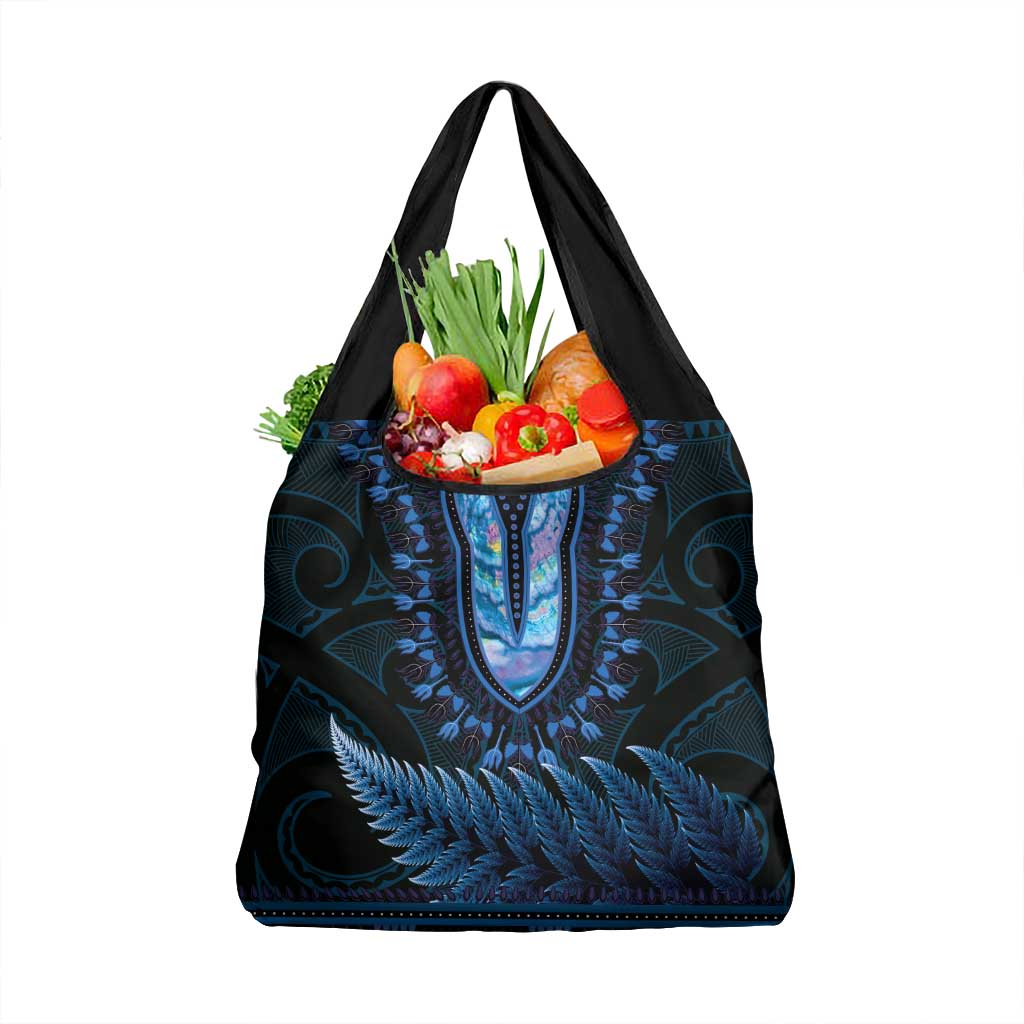Blue African Dashiki With Aotearoa Maori Grocery Bag Paua Shell Mix Silver Fern
