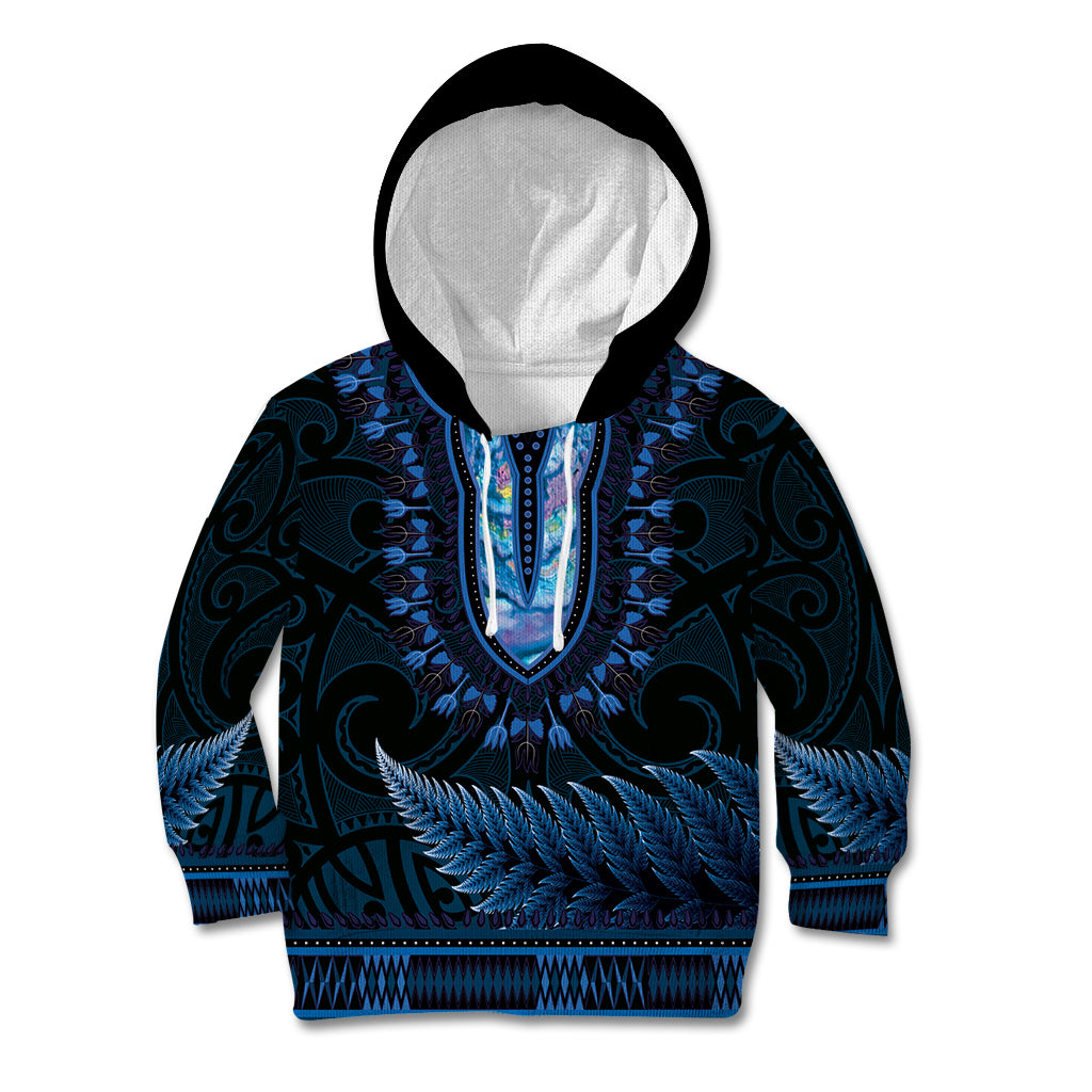 Blue African Dashiki With Aotearoa Maori Kid Hoodie Paua Shell Mix Silver Fern LT14 Hoodie Blue - Polynesian Pride