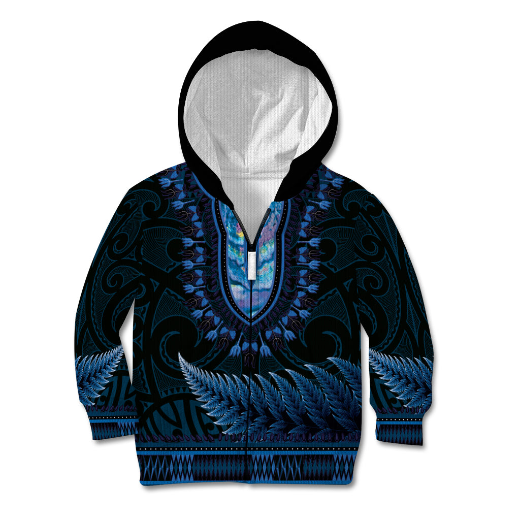 Blue African Dashiki With Aotearoa Maori Kid Hoodie Paua Shell Mix Silver Fern LT14 Zip Hoodie Blue - Polynesian Pride