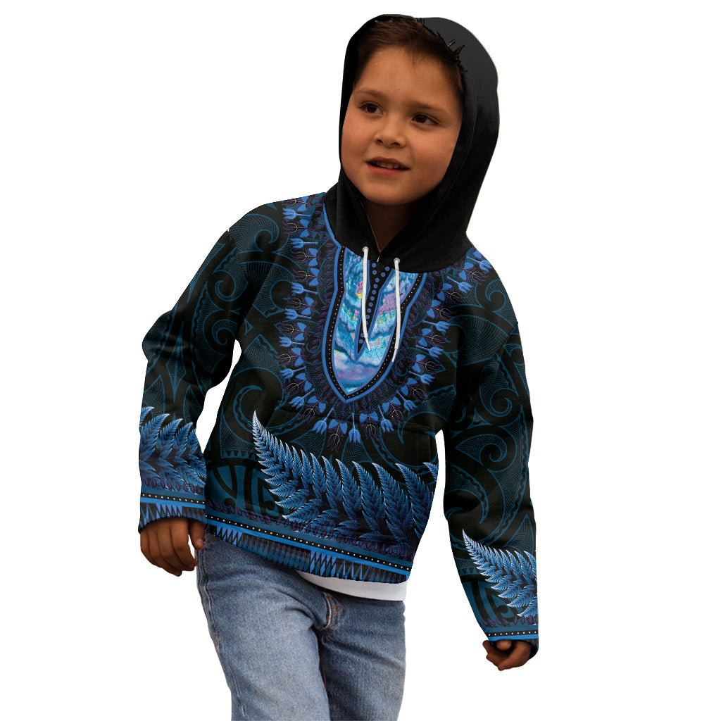Blue African Dashiki With Aotearoa Maori Kid Hoodie Paua Shell Mix Silver Fern LT14 - Polynesian Pride