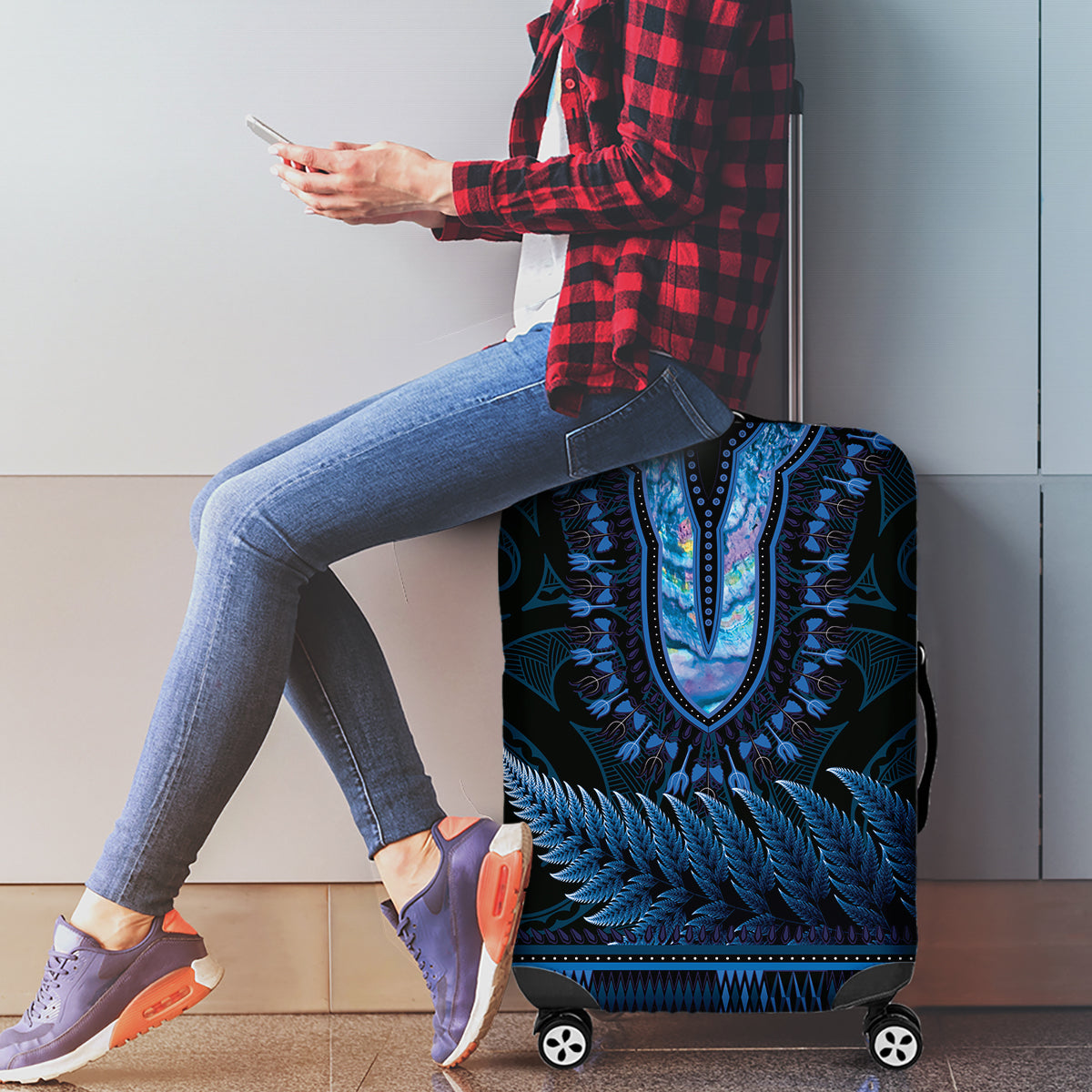 Blue African Dashiki With Aotearoa Maori Luggage Cover Paua Shell Mix Silver Fern LT14 - Polynesian Pride