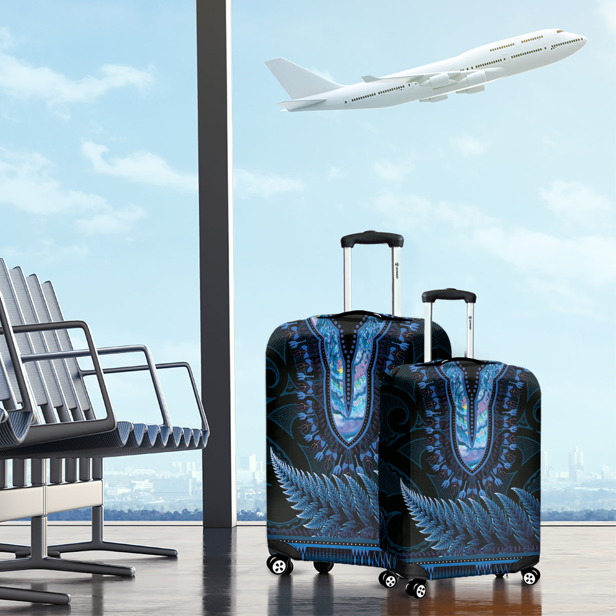 Blue African Dashiki With Aotearoa Maori Luggage Cover Paua Shell Mix Silver Fern LT14 - Polynesian Pride