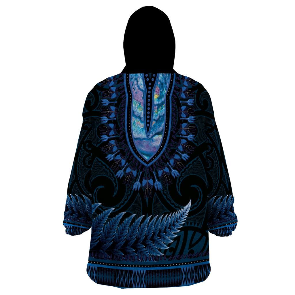 Blue African Dashiki With Aotearoa Maori Wearable Blanket Hoodie Paua Shell Mix Silver Fern