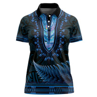 Blue African Dashiki With Aotearoa Maori Women Polo Shirt Paua Shell Mix Silver Fern