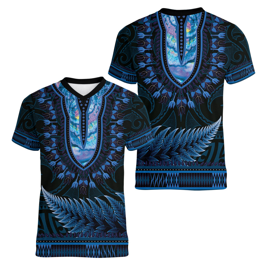 Blue African Dashiki With Aotearoa Maori Women V-Neck T-Shirt Paua Shell Mix Silver Fern