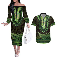 Lime Green African Dashiki With Aotearoa Maori Couples Matching Off The Shoulder Long Sleeve Dress and Hawaiian Shirt Paua Shell Mix Silver Fern LT14 Lime Green - Polynesian Pride