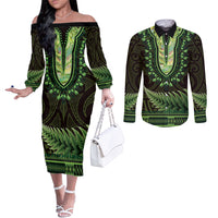Lime Green African Dashiki With Aotearoa Maori Couples Matching Off The Shoulder Long Sleeve Dress and Long Sleeve Button Shirt Paua Shell Mix Silver Fern