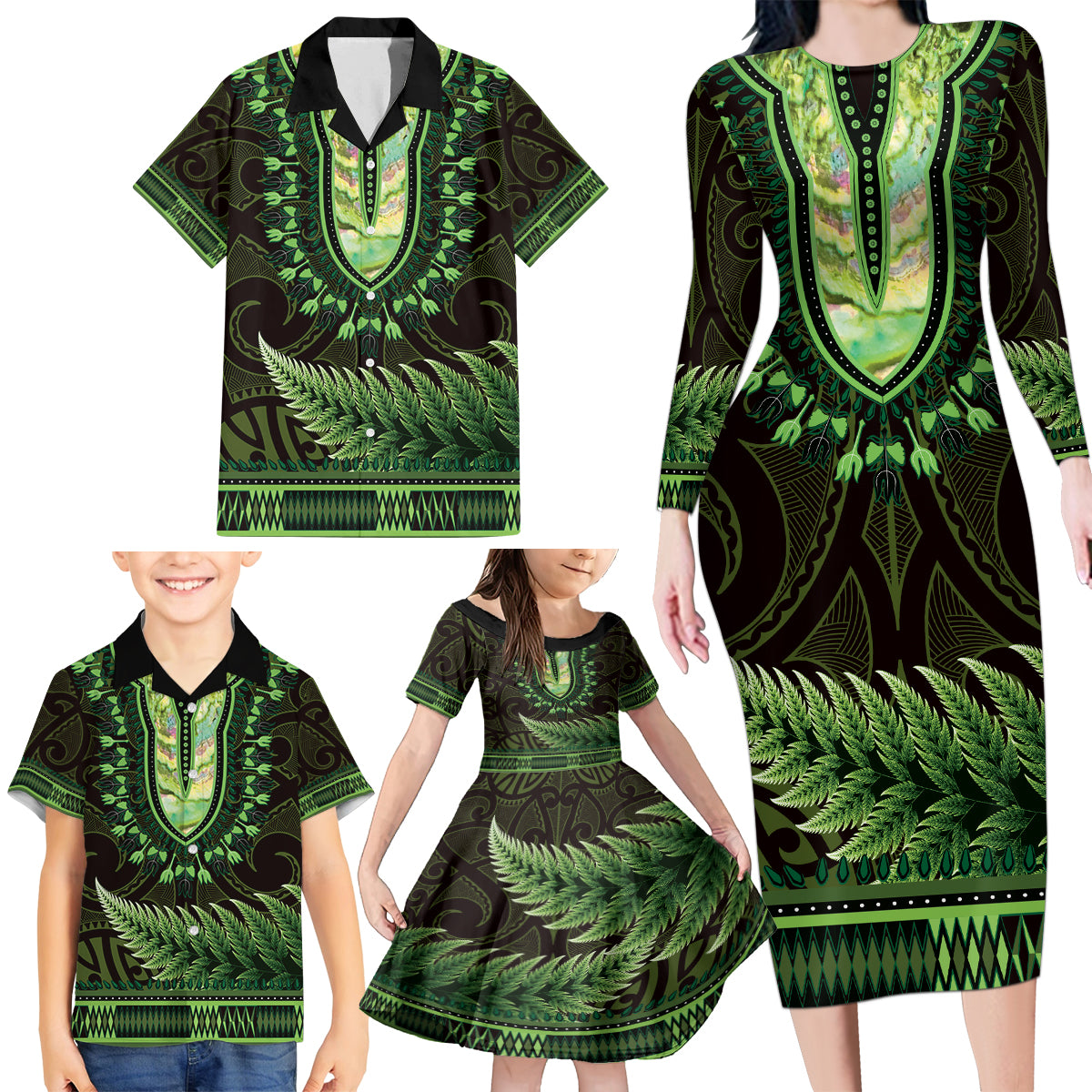 Lime Green African Dashiki With Aotearoa Maori Family Matching Long Sleeve Bodycon Dress and Hawaiian Shirt Paua Shell Mix Silver Fern LT14 - Polynesian Pride