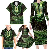Lime Green African Dashiki With Aotearoa Maori Family Matching Long Sleeve Bodycon Dress and Hawaiian Shirt Paua Shell Mix Silver Fern LT14 - Polynesian Pride