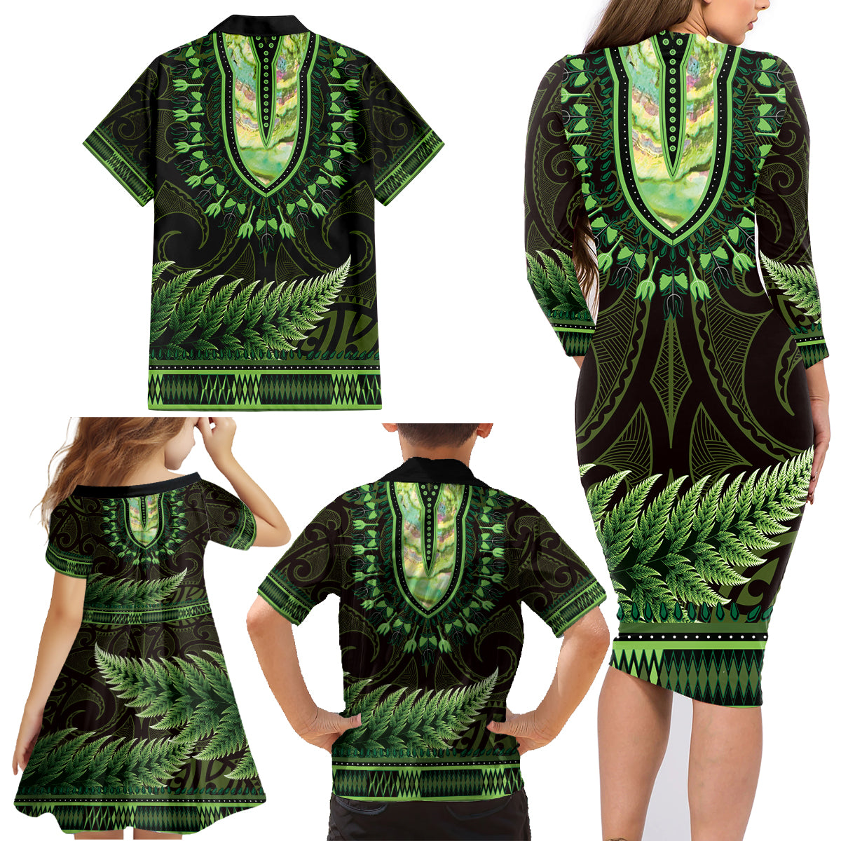 Lime Green African Dashiki With Aotearoa Maori Family Matching Long Sleeve Bodycon Dress and Hawaiian Shirt Paua Shell Mix Silver Fern LT14 - Polynesian Pride