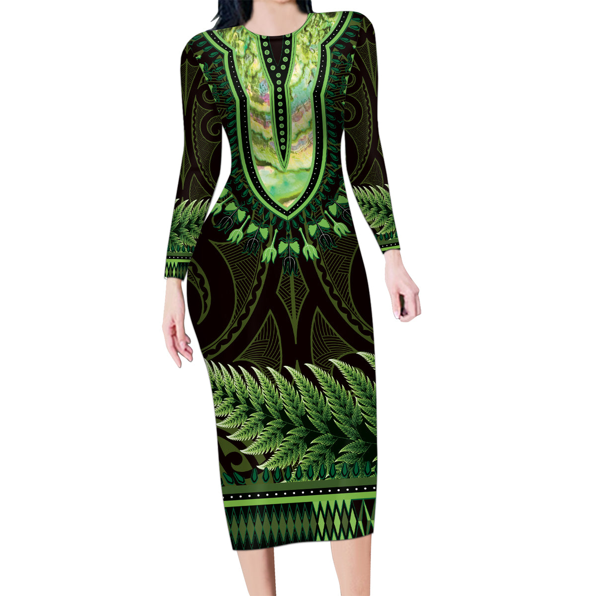 Lime Green African Dashiki With Aotearoa Maori Family Matching Long Sleeve Bodycon Dress and Hawaiian Shirt Paua Shell Mix Silver Fern LT14 Mom's Dress Lime Green - Polynesian Pride