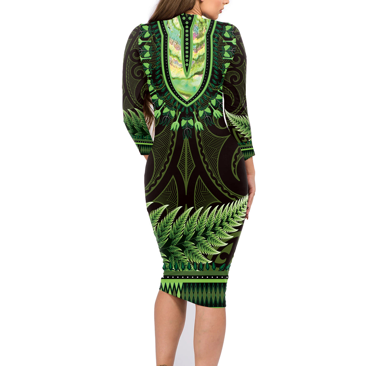 Lime Green African Dashiki With Aotearoa Maori Family Matching Long Sleeve Bodycon Dress and Hawaiian Shirt Paua Shell Mix Silver Fern LT14 - Polynesian Pride