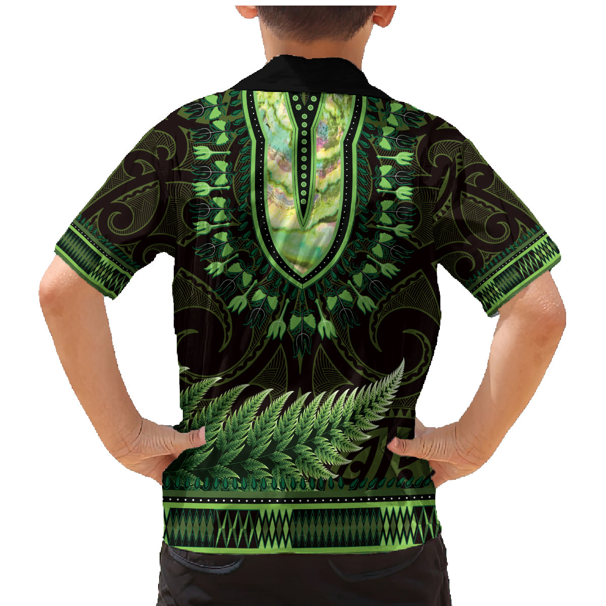 Lime Green African Dashiki With Aotearoa Maori Family Matching Mermaid Dress and Hawaiian Shirt Paua Shell Mix Silver Fern LT14 - Polynesian Pride