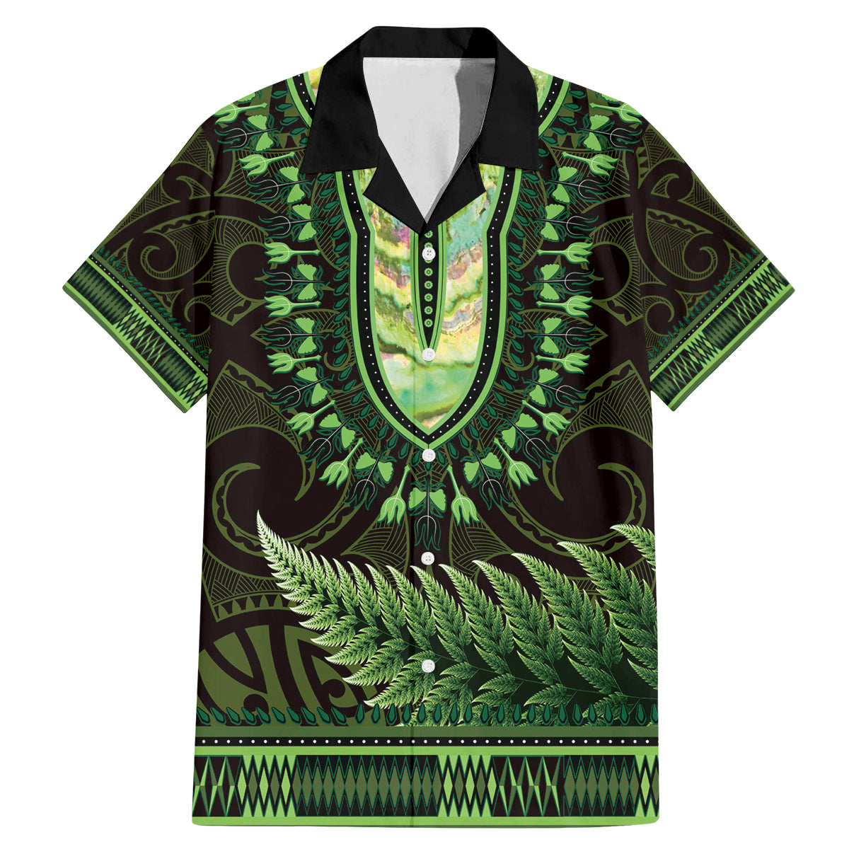 Lime Green African Dashiki With Aotearoa Maori Family Matching Mermaid Dress and Hawaiian Shirt Paua Shell Mix Silver Fern LT14 Dad's Shirt - Short Sleeve Lime Green - Polynesian Pride