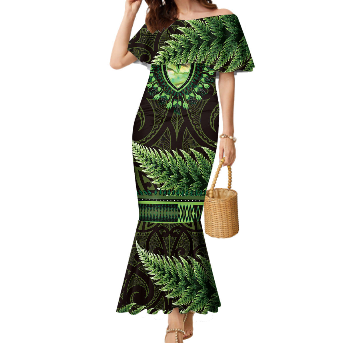 Lime Green African Dashiki With Aotearoa Maori Family Matching Mermaid Dress and Hawaiian Shirt Paua Shell Mix Silver Fern LT14 Mom's Dress Lime Green - Polynesian Pride
