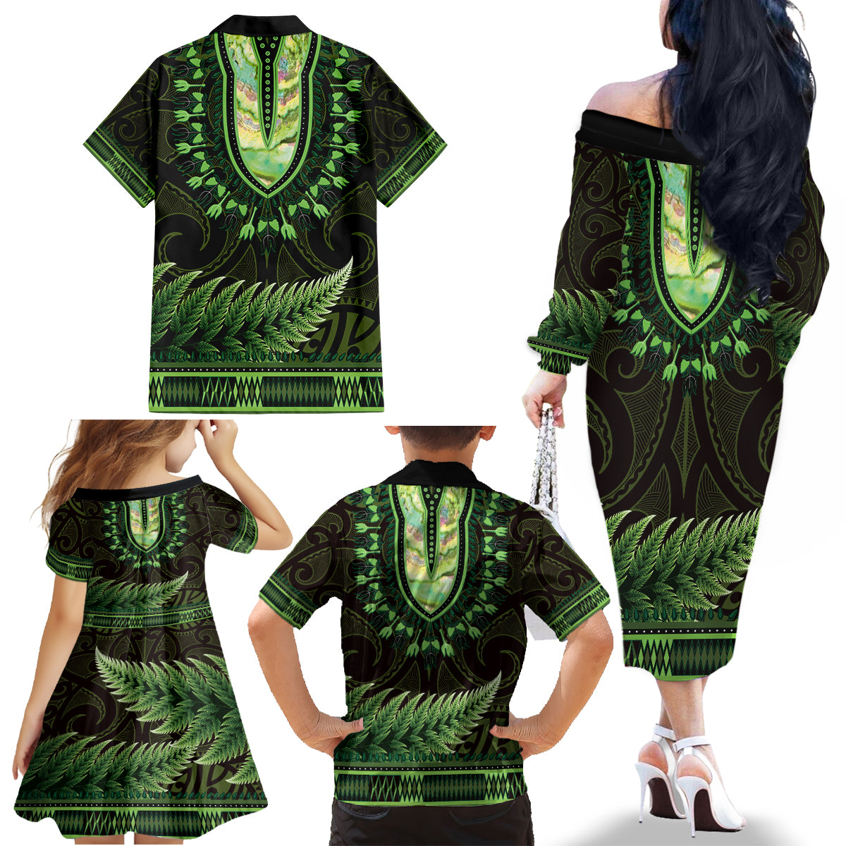 Lime Green African Dashiki With Aotearoa Maori Family Matching Off The Shoulder Long Sleeve Dress and Hawaiian Shirt Paua Shell Mix Silver Fern LT14 - Polynesian Pride